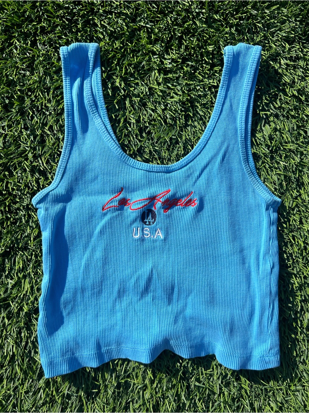 Women's Sky Blue Ribbed Tank Top with Los Angeles USA Embroidery